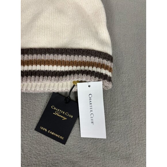 Charter Club Luxury 100% Cashmere White Beanie Hat With Striped Cuff OS NWT's - Picture 5 of 7